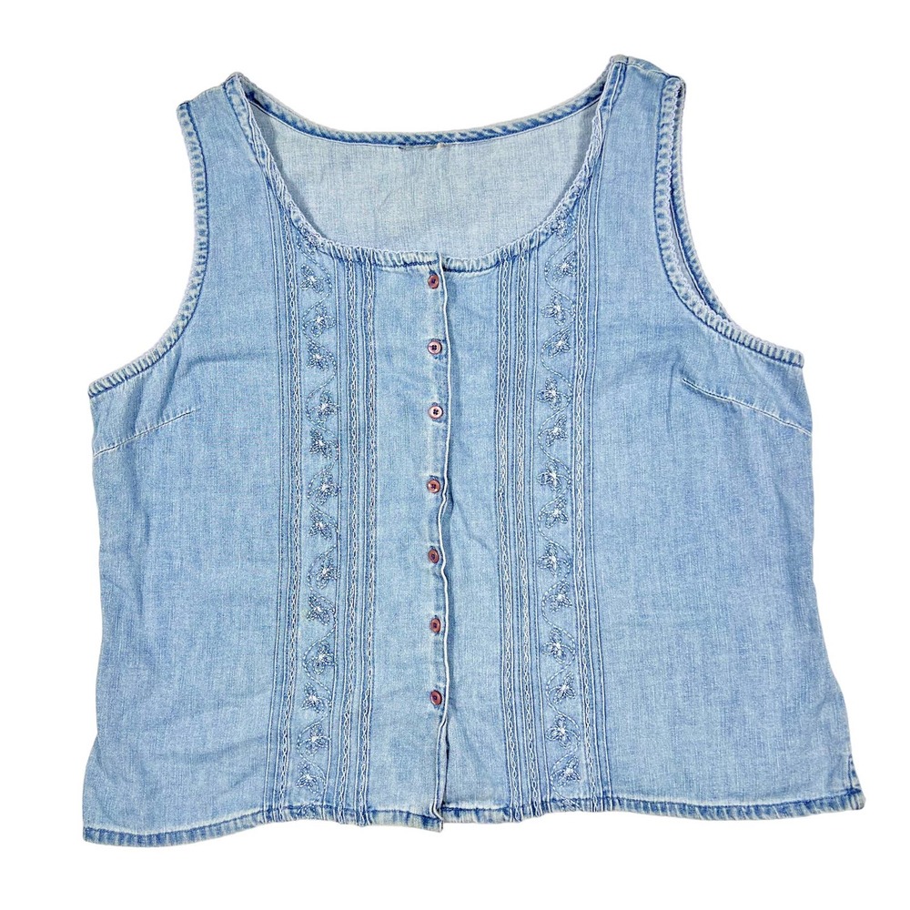 Vintage 90’s Denim Embroidered Button Down Sleeveless Top